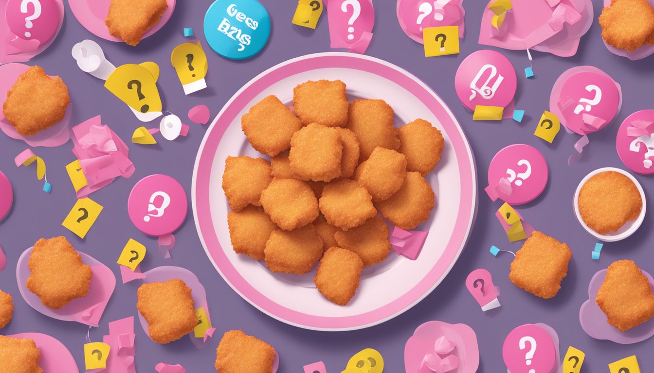 A plate of pink Perdue chicken nuggets surrounded by question marks and caution signs