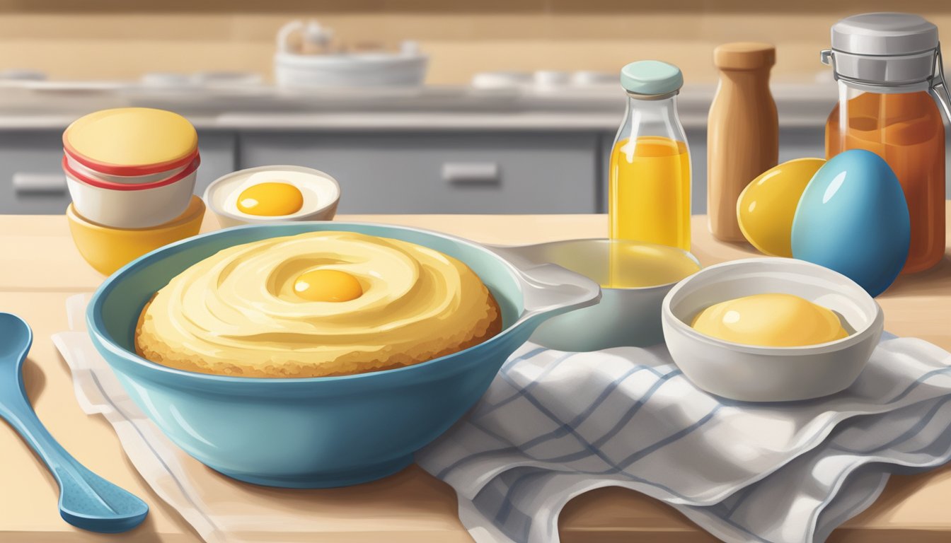 A bowl of Betty Crocker cake mix with eggs and oil beside it, a measuring spoon, and a whisk on a kitchen counter