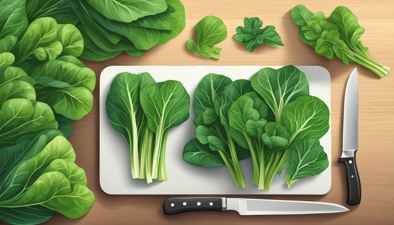 A vibrant bunch of tatsoi leaves arranged on a clean cutting board, with a knife nearby