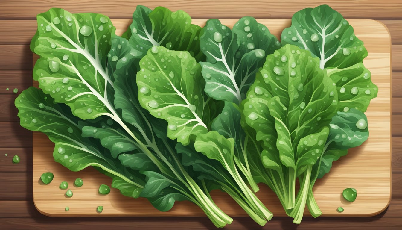 A vibrant bunch of raw tatsoi leaves arranged on a wooden cutting board, with droplets of water glistening on the crisp green leaves