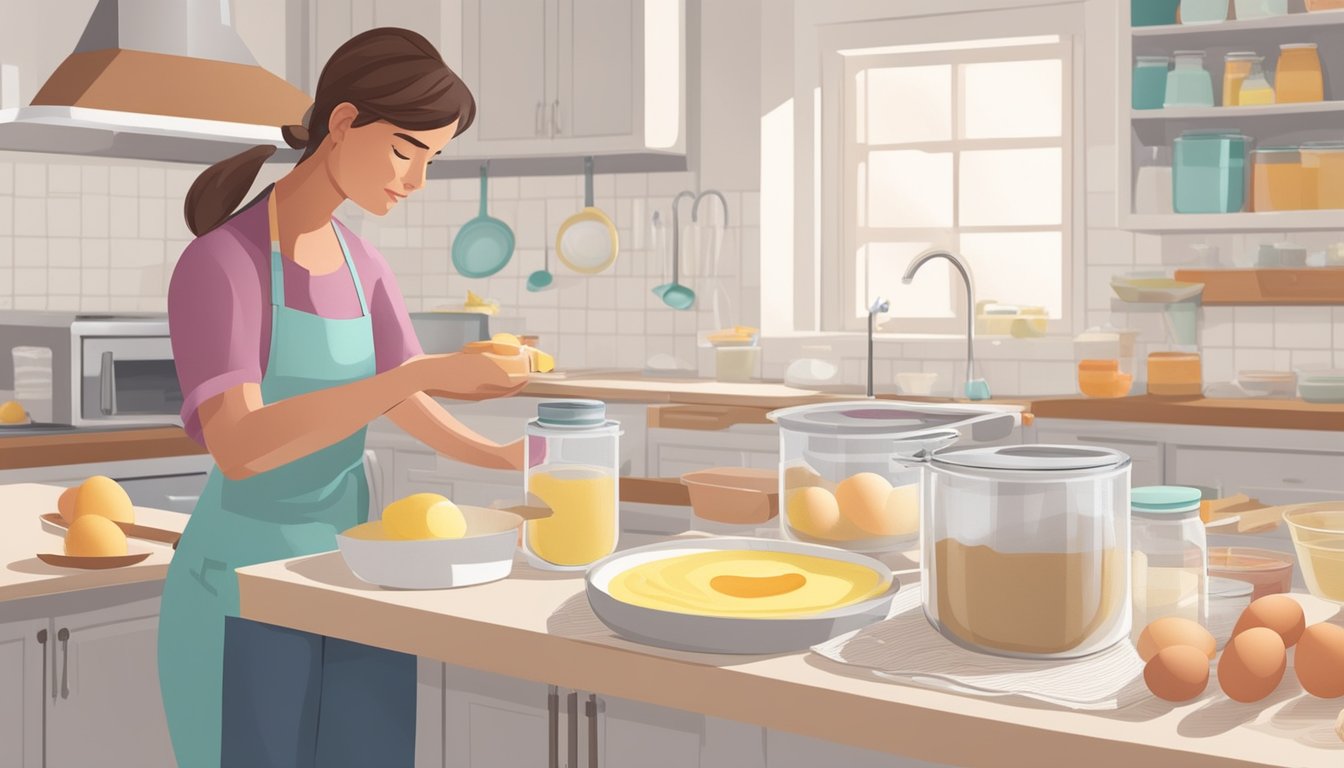 A person measures out ingredients for a cake mix, including flour, sugar, and eggs, on a clean kitchen counter