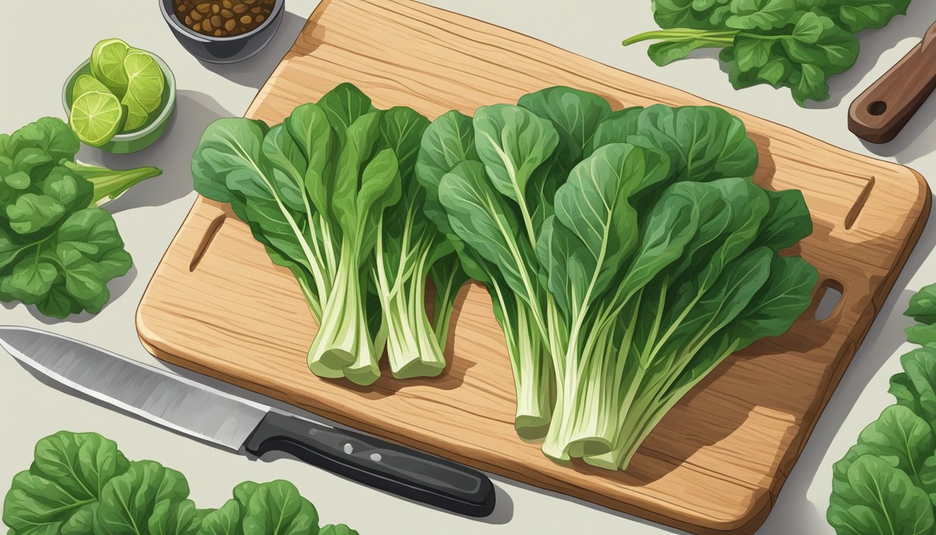 A vibrant bunch of fresh tatsoi leaves arranged on a wooden cutting board, with a knife nearby