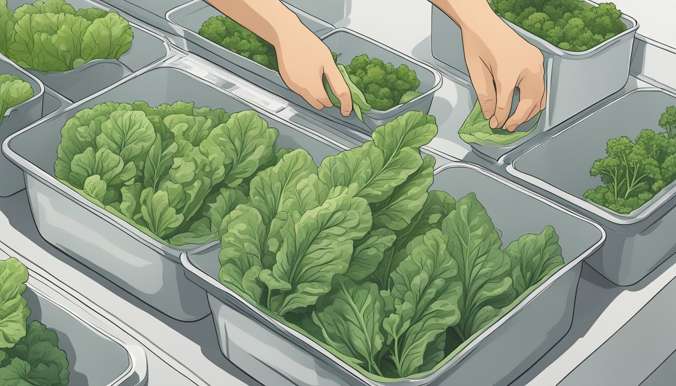 A person picking fresh tatsoi from a garden, then placing it in a clean, airtight container for storage in the refrigerator