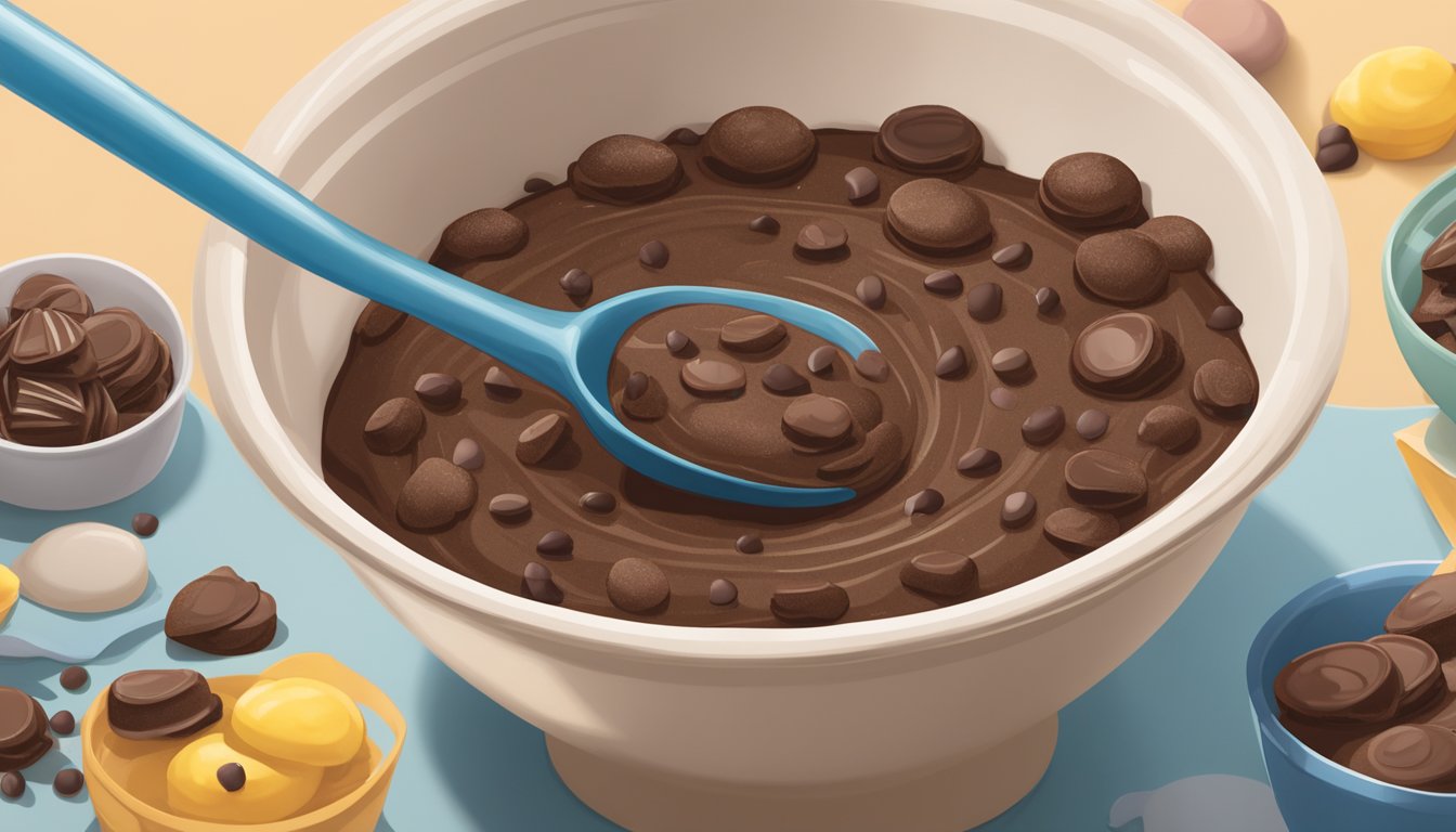 A mixing bowl filled with Nestle Toll House brownie batter, a spoon resting inside, and a few scattered chocolate chips