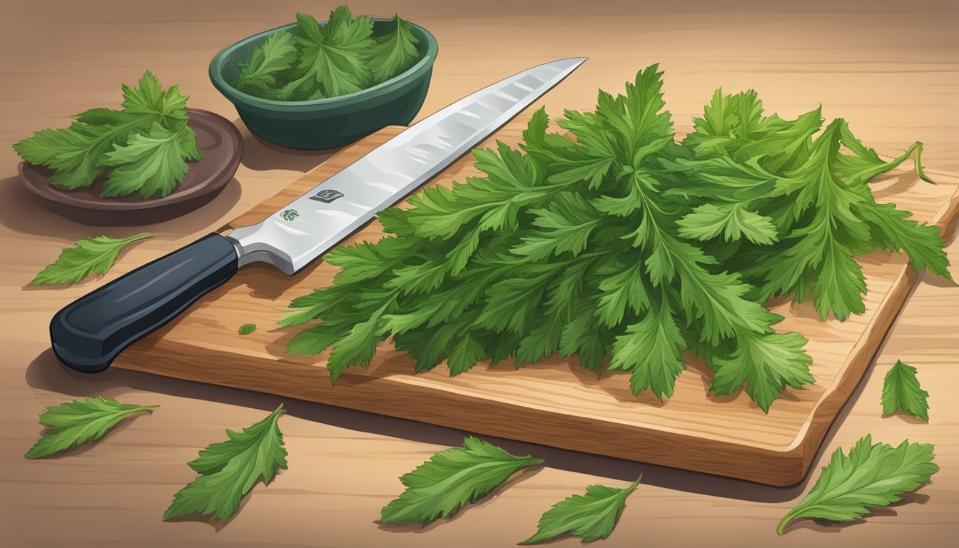 A bunch of fresh mizuna leaves arranged on a cutting board, with a knife and a plate in the background