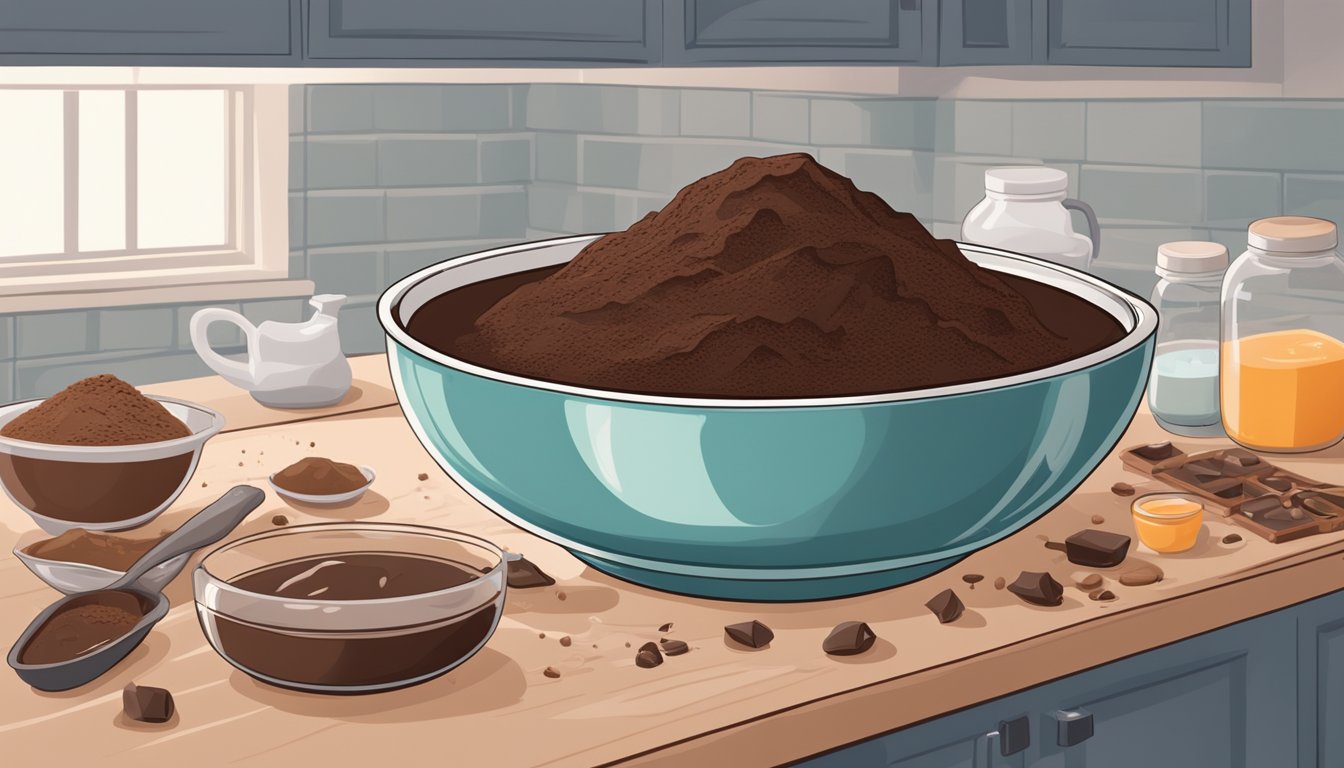 A mixing bowl filled with smooth, glossy brownie batter, surrounded by ingredients like flour and cocoa powder on a clean kitchen counter