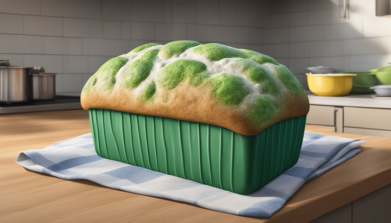 A loaf of wonder bread covered in green and white mold, sitting on a kitchen counter