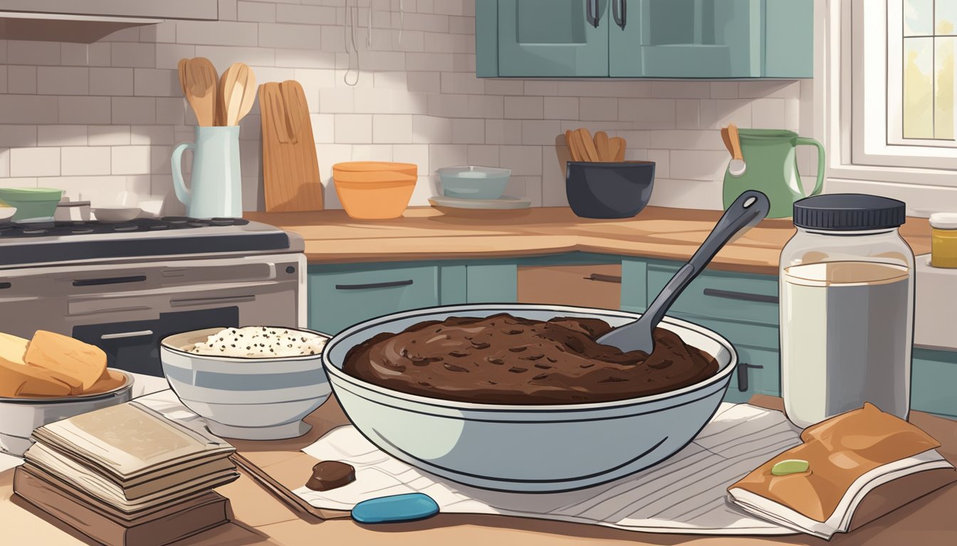 A bowl of brownie batter sits on a clean kitchen counter, surrounded by ingredients and a recipe book. A spatula rests beside the bowl