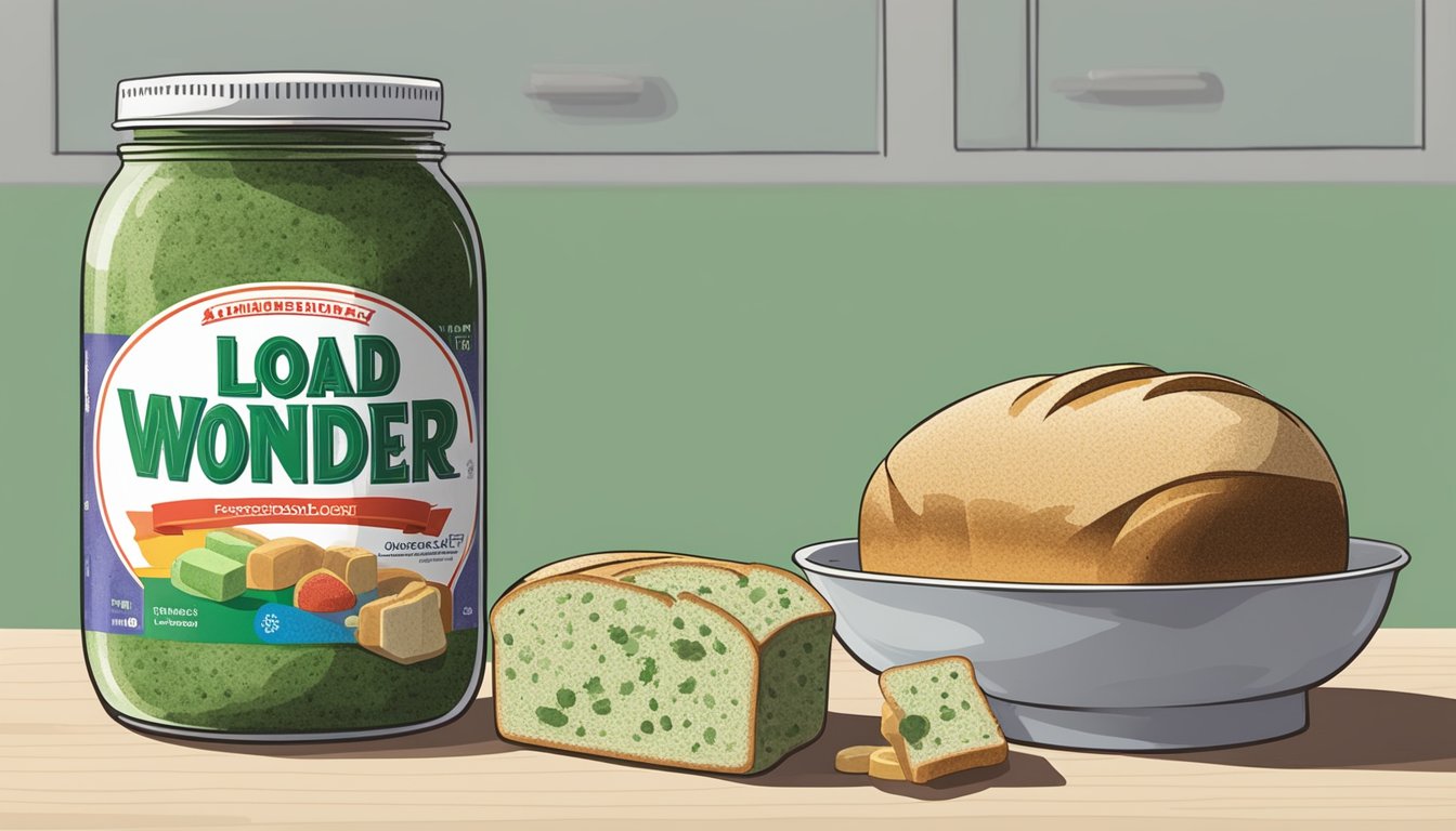 A loaf of wonder bread covered in green and white mold, sitting on a kitchen counter next to a jar of preservatives and a stack of alternative bread options