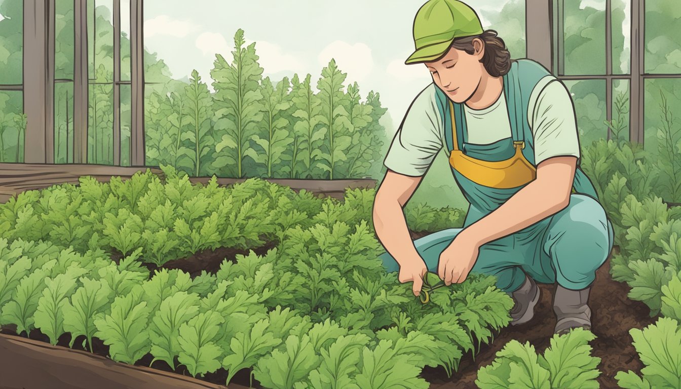 A person harvesting fresh mizuna leaves from a garden bed