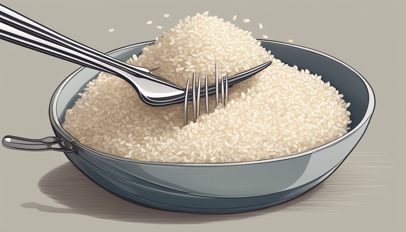 A pot of steaming rice with a fork resting on the side, some grains appearing slightly undercooked