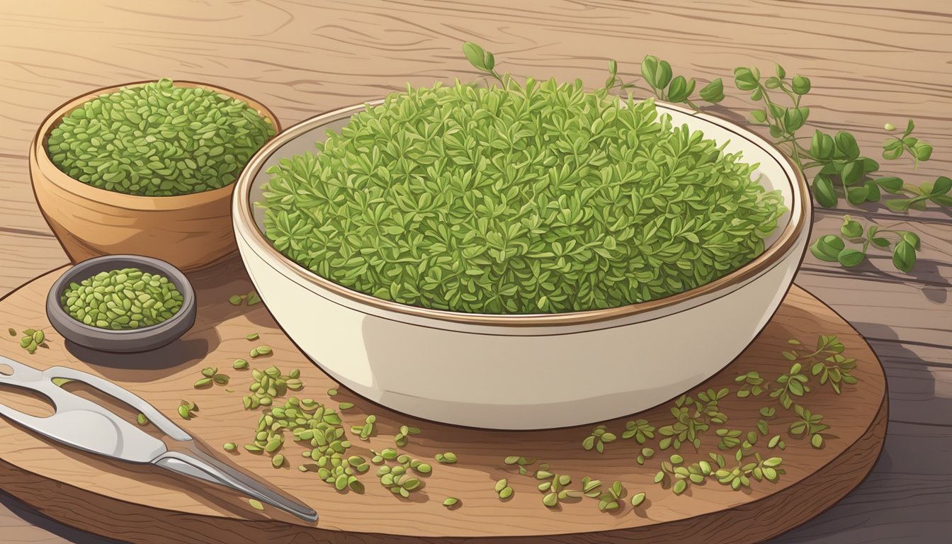 A bowl of fresh fenugreek sprouts on a wooden cutting board, surrounded by scattered seeds and a sprouting jar in the background