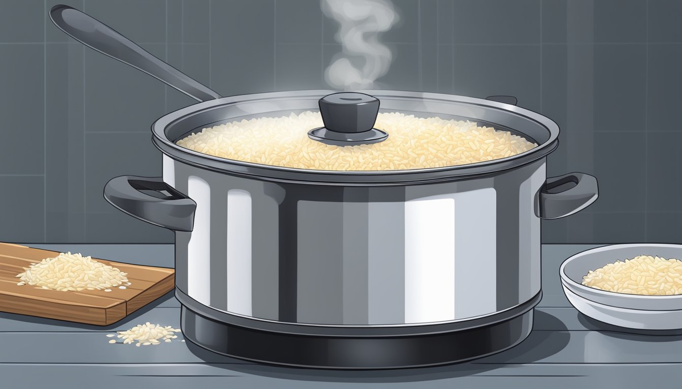 A pot of rice boiling on a stove, with steam rising and a lid partially covering the pot