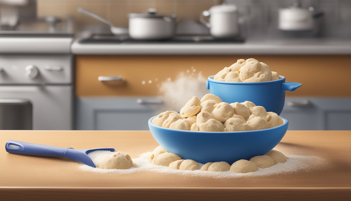 A bowl of Pillsbury cookie dough sits on a kitchen counter, surrounded by scattered flour and a rolling pin. A warm oven glows in the background