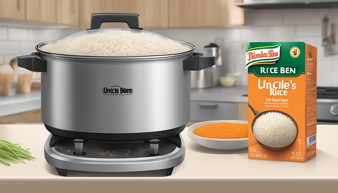 A steaming pot of rice on a stovetop, with a label of "Uncle Ben's" visible on the packaging