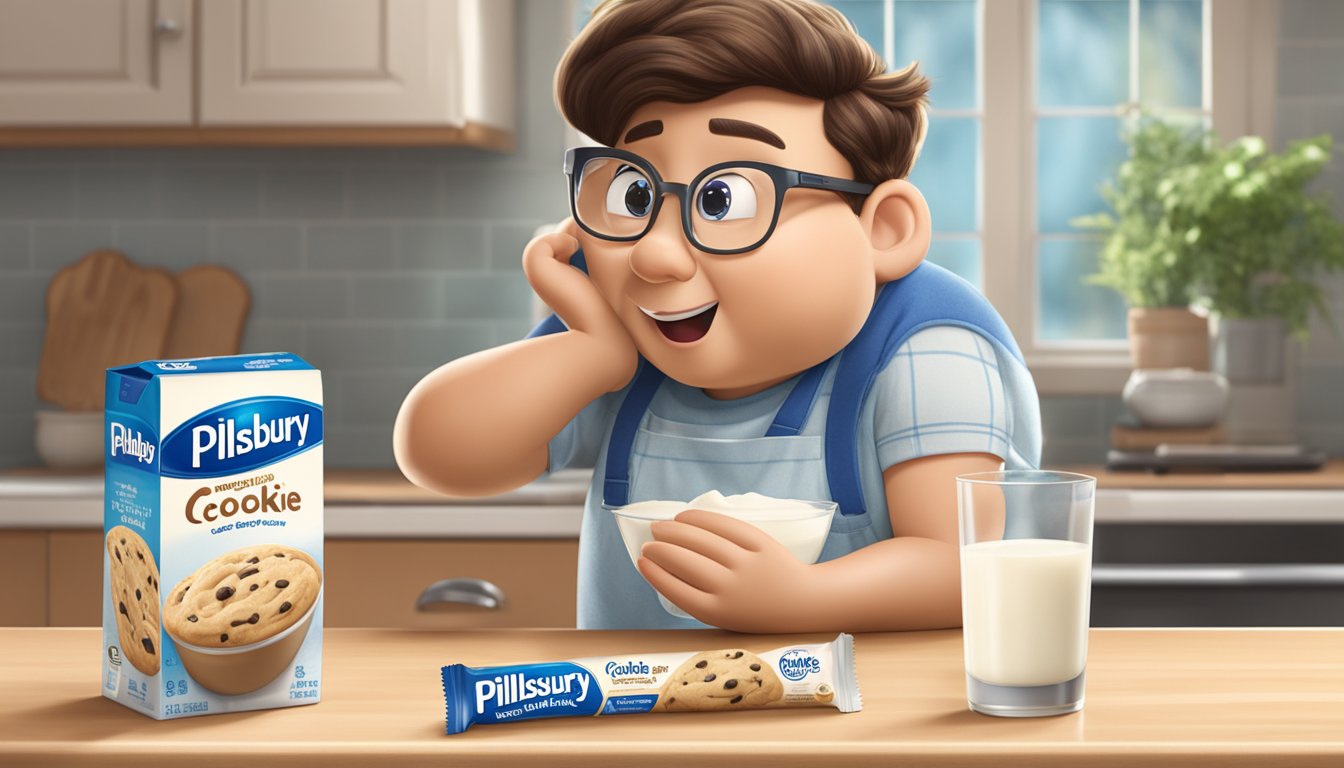 A pristine kitchen counter with a package of Pillsbury cookie dough, a glass of milk, and a concerned expression on a person's face