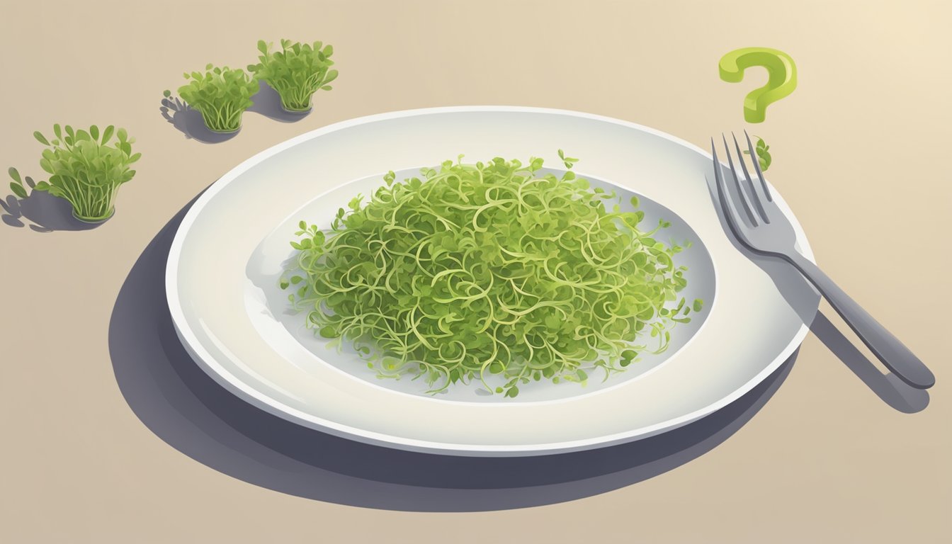 A plate of raw fenugreek sprouts with a question mark hovering above