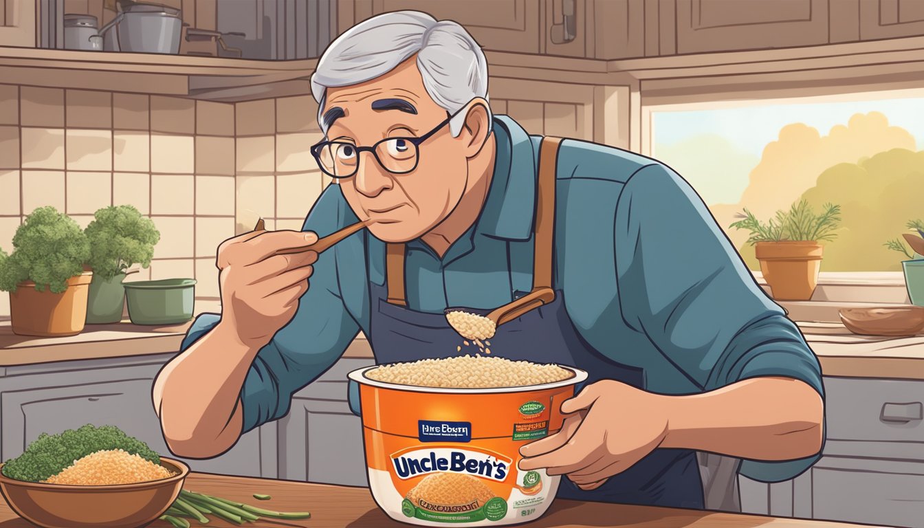 A person inspecting a pot of undercooked Uncle Ben's rice with a concerned expression