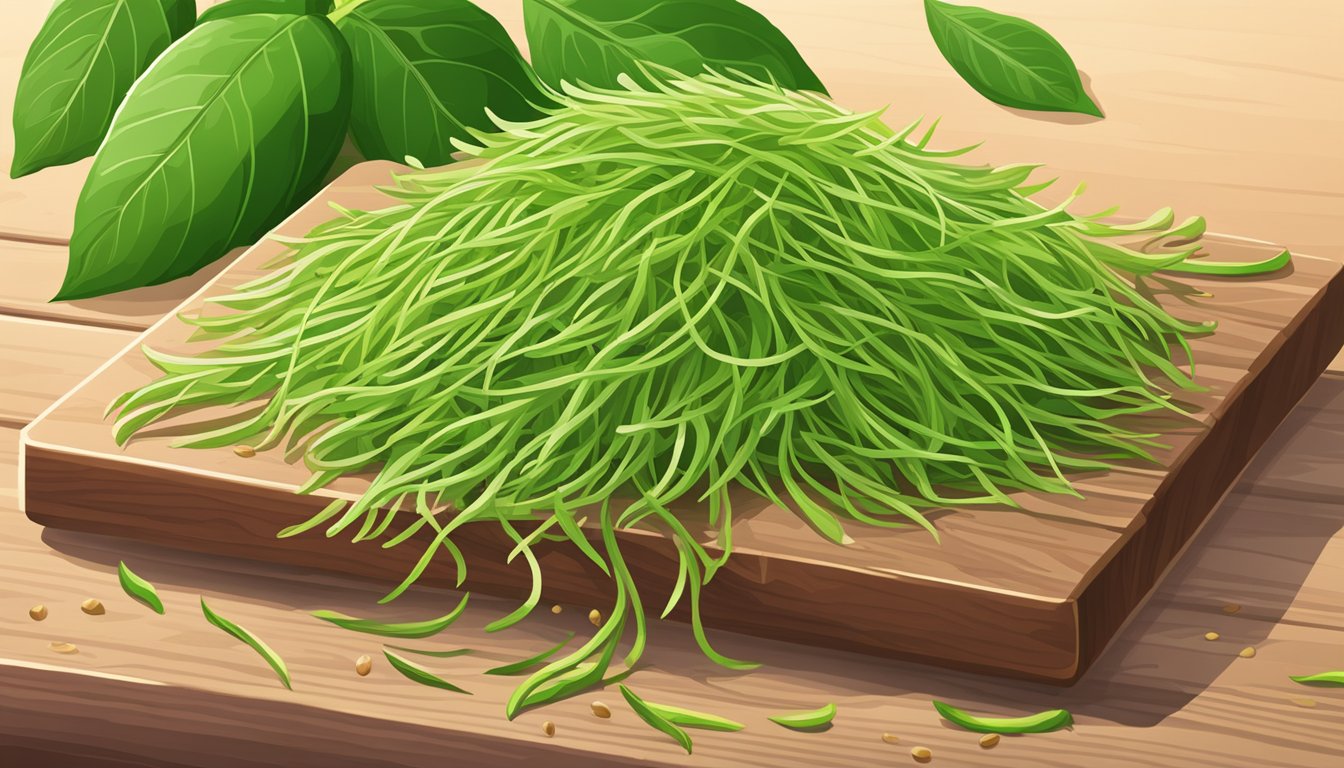 A vibrant pile of raw amaranth sprouts arranged on a wooden cutting board, surrounded by fresh green leaves and a scattering of amaranth seeds