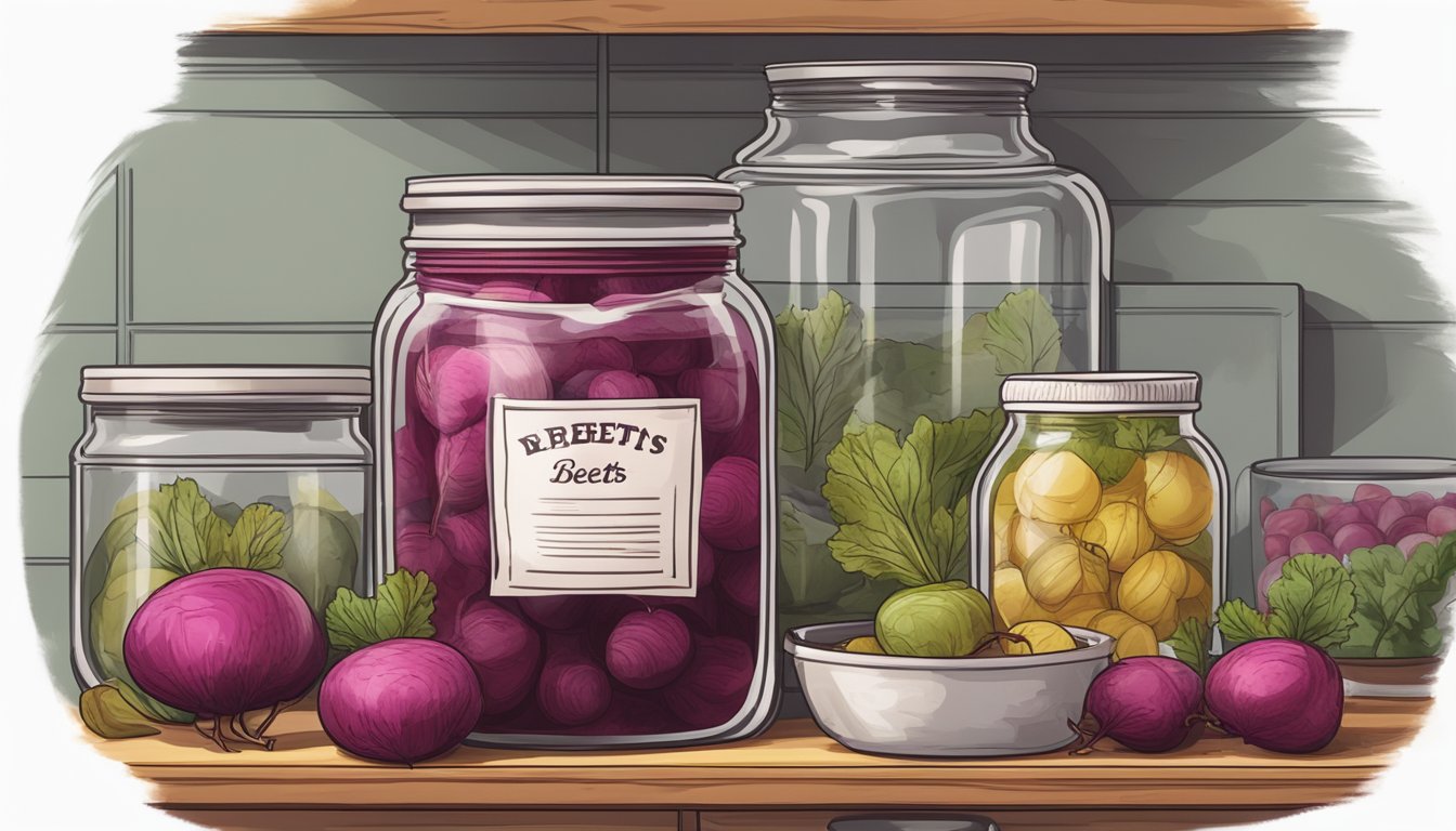 A jar of pickled beets with a faded expiration date sits on a kitchen shelf, surrounded by other preserved goods