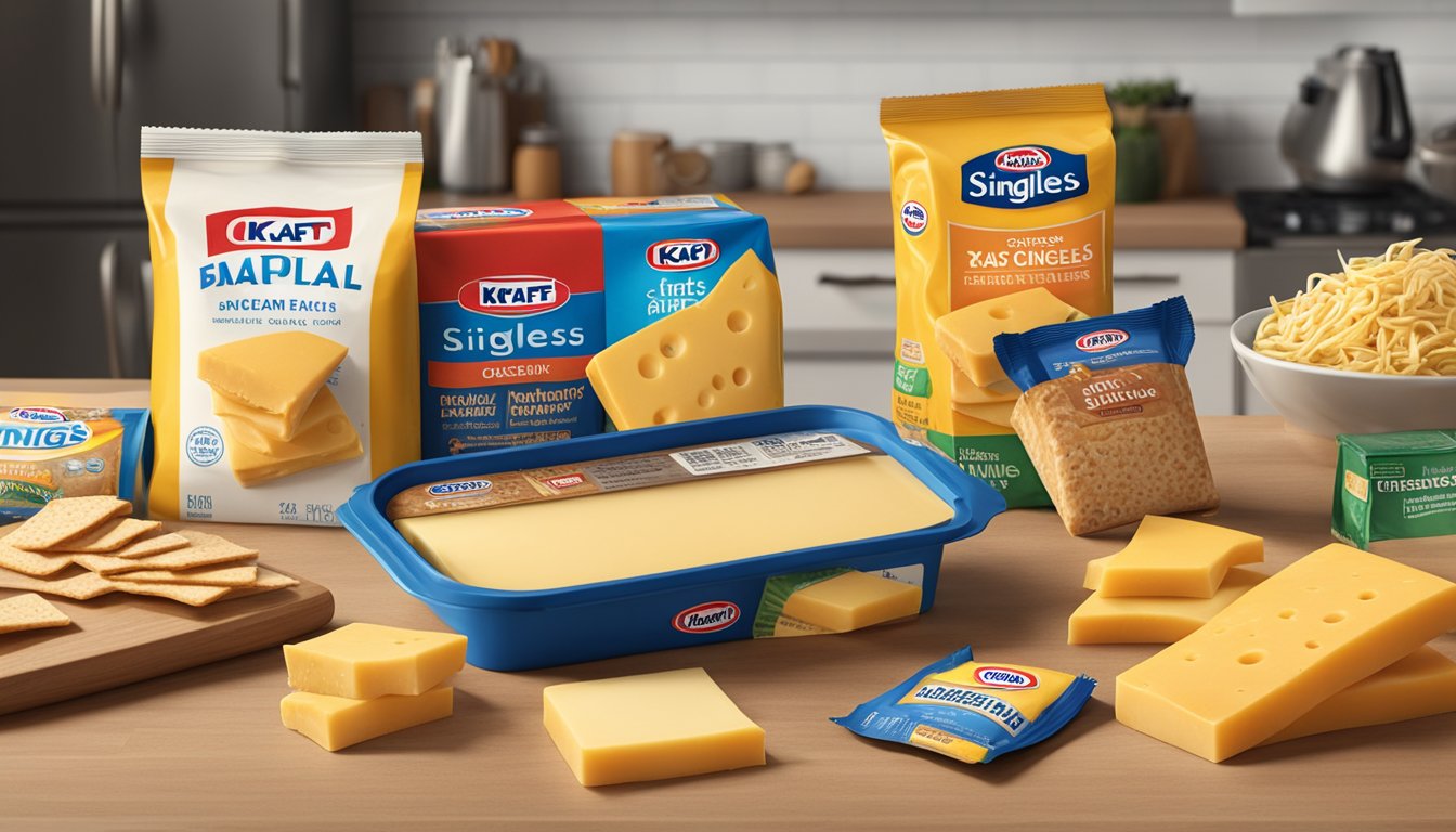 A package of Kraft Singles cheese slices sits on a kitchen counter, surrounded by other expired food items