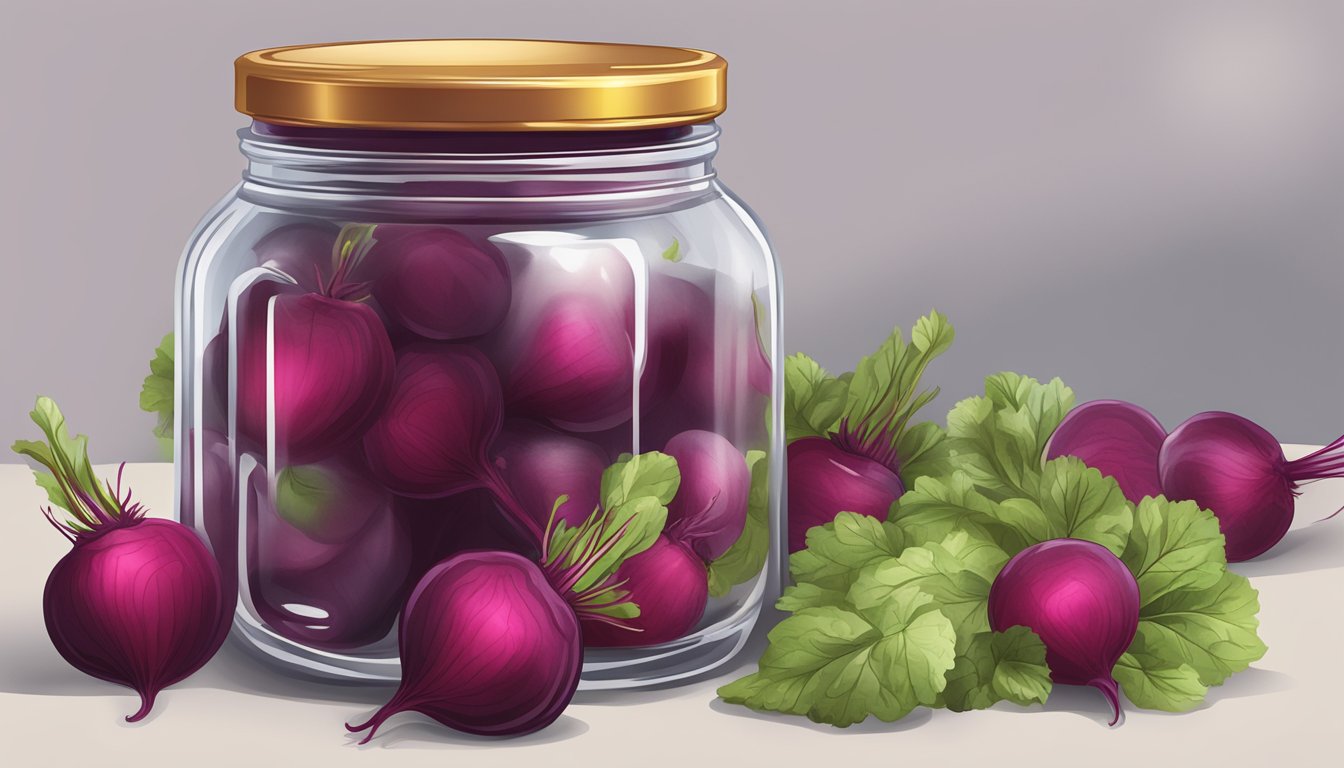 A jar of pickled beets with a cloudy liquid, bulging lid, and off-putting odor