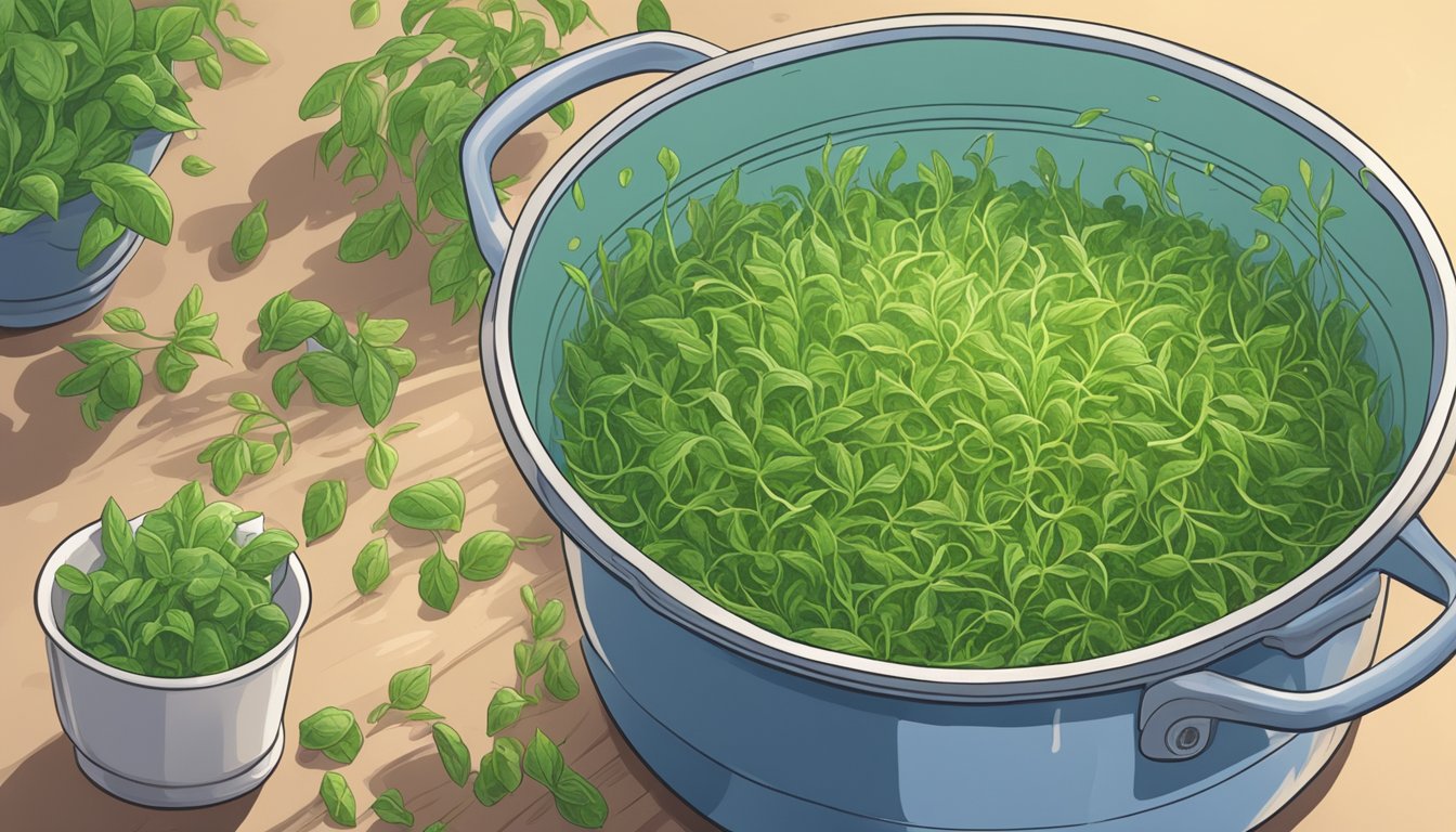 Amaranth sprouts being thoroughly washed and cooked in a pot of boiling water