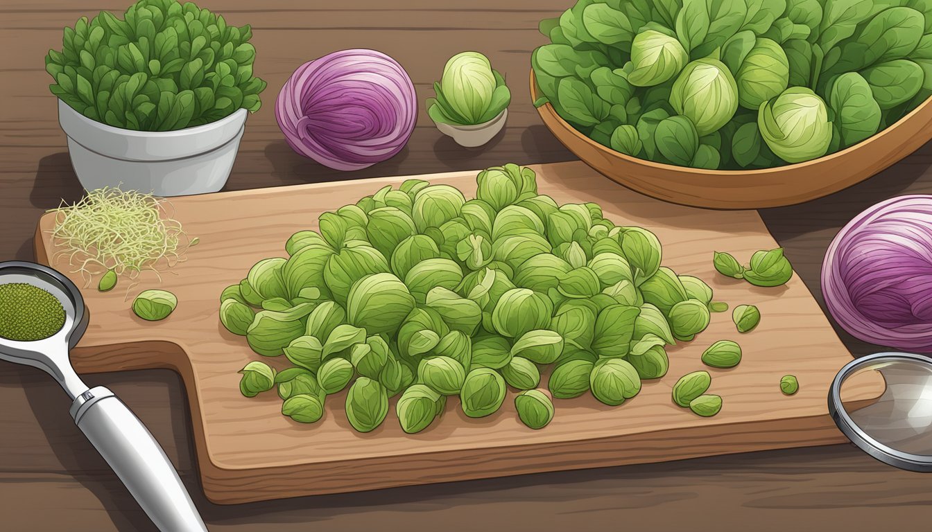 A variety of sprouts arranged on a wooden cutting board, including amaranth sprouts, with a magnifying glass comparing their sizes