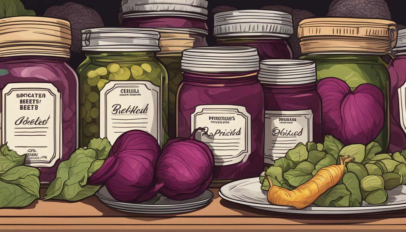 A jar of pickled beets sits on a shelf, surrounded by other preserved foods. The label shows the expiration date, but the beets inside remain intact and vibrant