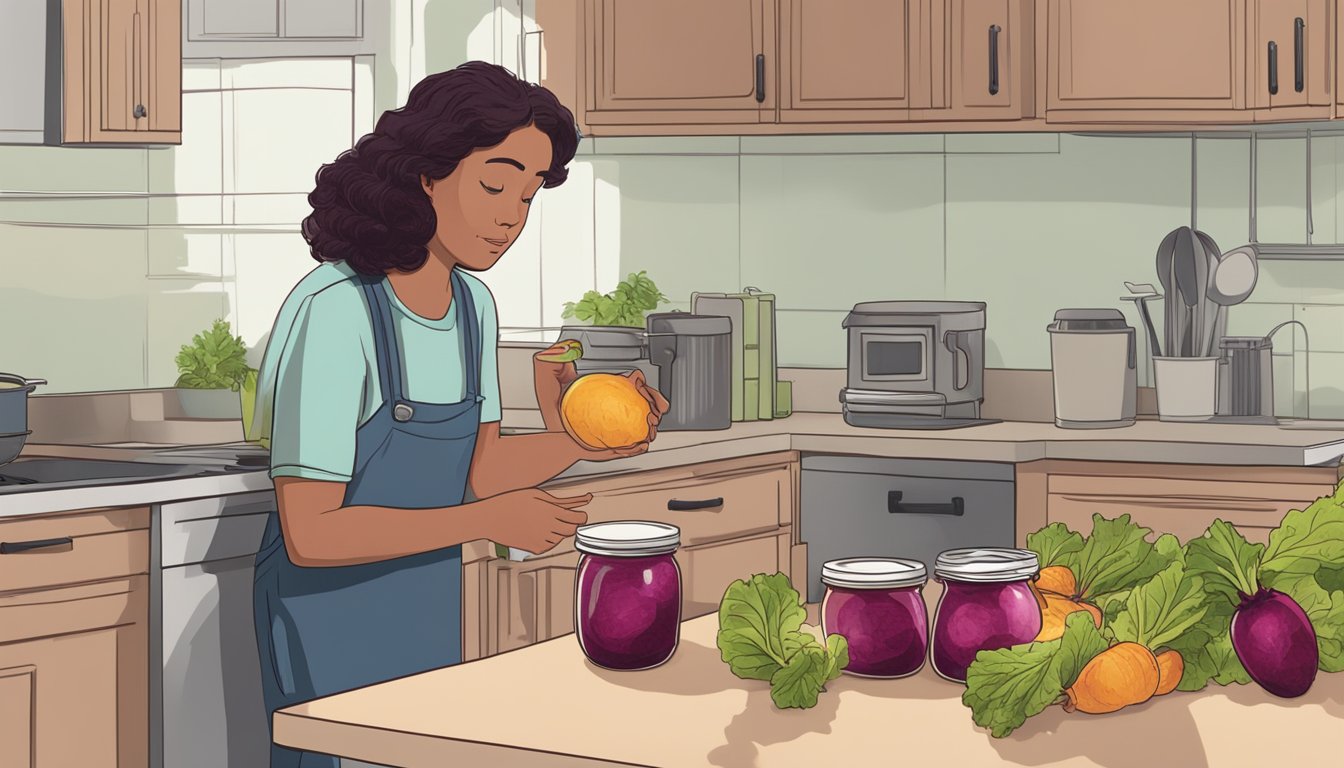 A jar of pickled beets with a faded expiration date sits on a kitchen counter. A person examines the beets with a concerned expression