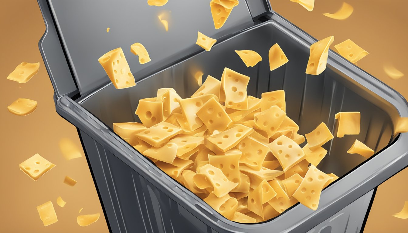 A pack of expired Kraft Singles cheese slices being thrown into a trash can