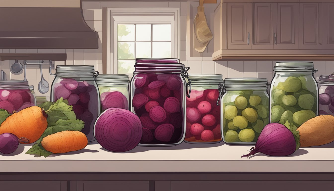 A jar of pickled beets with a faded expiration date sits on a kitchen counter, surrounded by other preserved foods