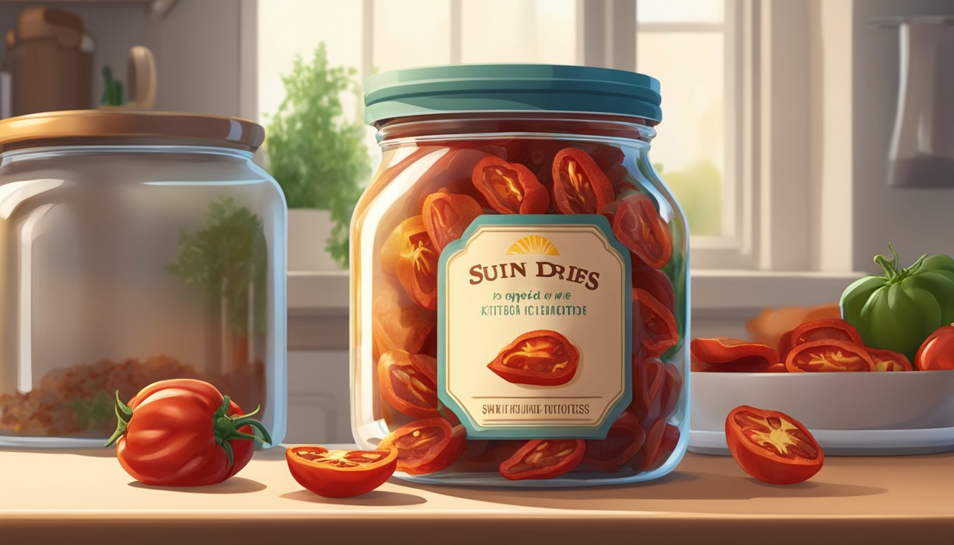 A jar of sun-dried tomatoes sits on a kitchen counter, its label showing an expiration date. Rays of sunlight stream through a nearby window, casting a warm glow on the jar