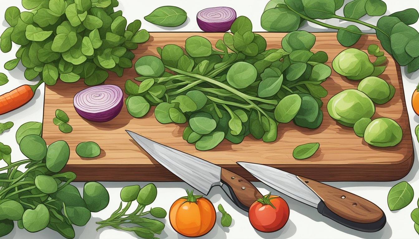 A vibrant bunch of purslane leaves and stems arranged on a wooden cutting board, surrounded by various fresh vegetables and a knife