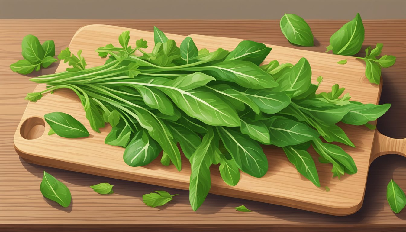 A vibrant bunch of fresh arugula leaves arranged on a clean cutting board