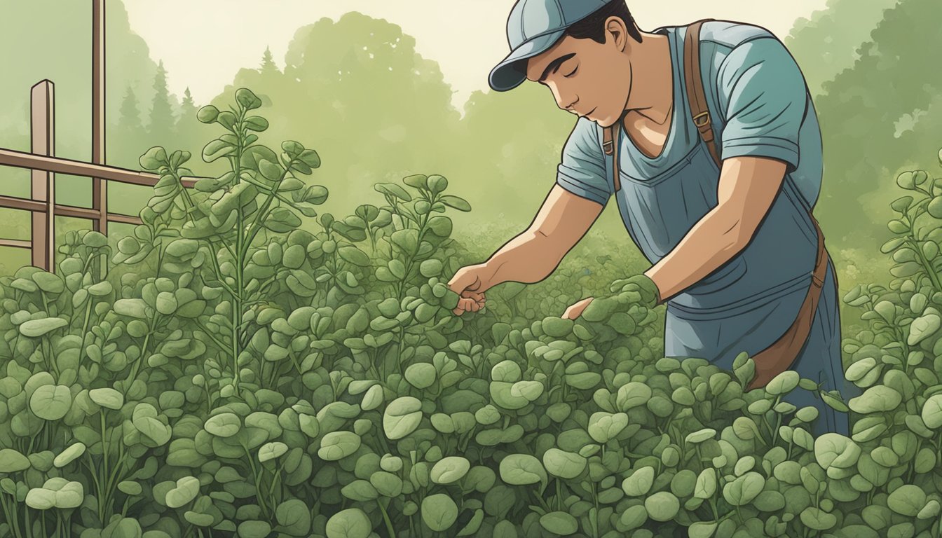 A person picking fresh purslane from a garden, holding it up to inspect before taking a bite