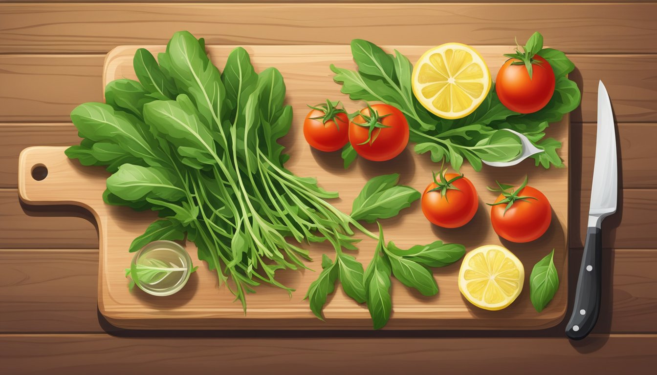 A vibrant bunch of arugula leaves arranged on a wooden cutting board, surrounded by fresh ingredients like tomatoes, olive oil, and lemon