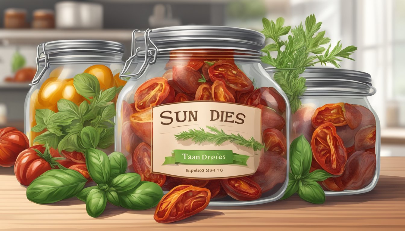 A jar of sun-dried tomatoes with a faded expiration date, surrounded by fresh herbs and spices on a kitchen countertop