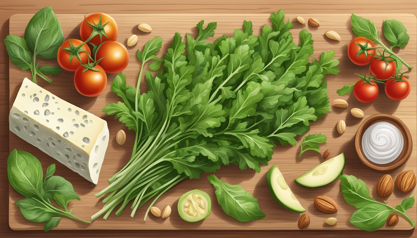 Arugula leaves arranged on a wooden cutting board, surrounded by various ingredients like tomatoes, cheese, and nuts, representing different diets and cuisines