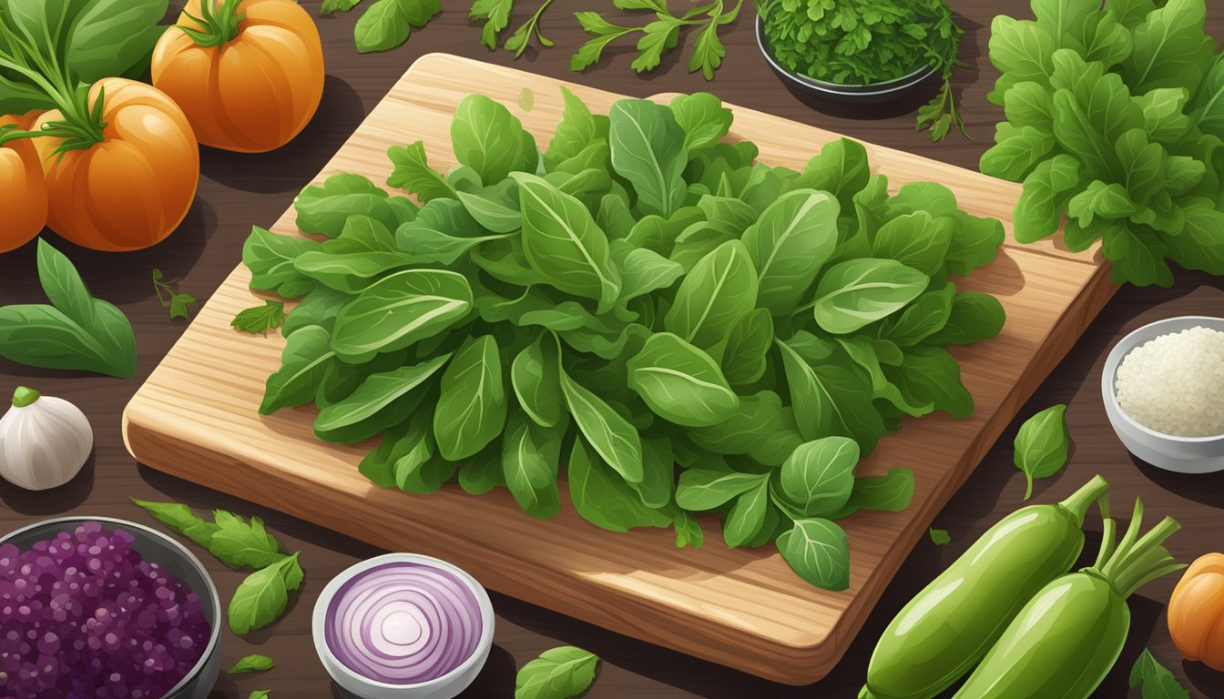 A variety of arugula leaves on a wooden cutting board, surrounded by other fresh vegetables and herbs