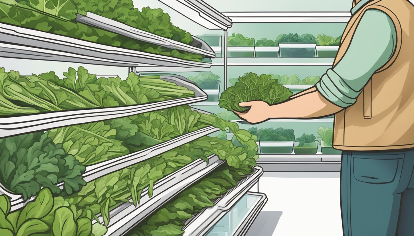 A hand reaching for fresh arugula leaves in a grocery store produce section, with a refrigerator in the background for storing the greens