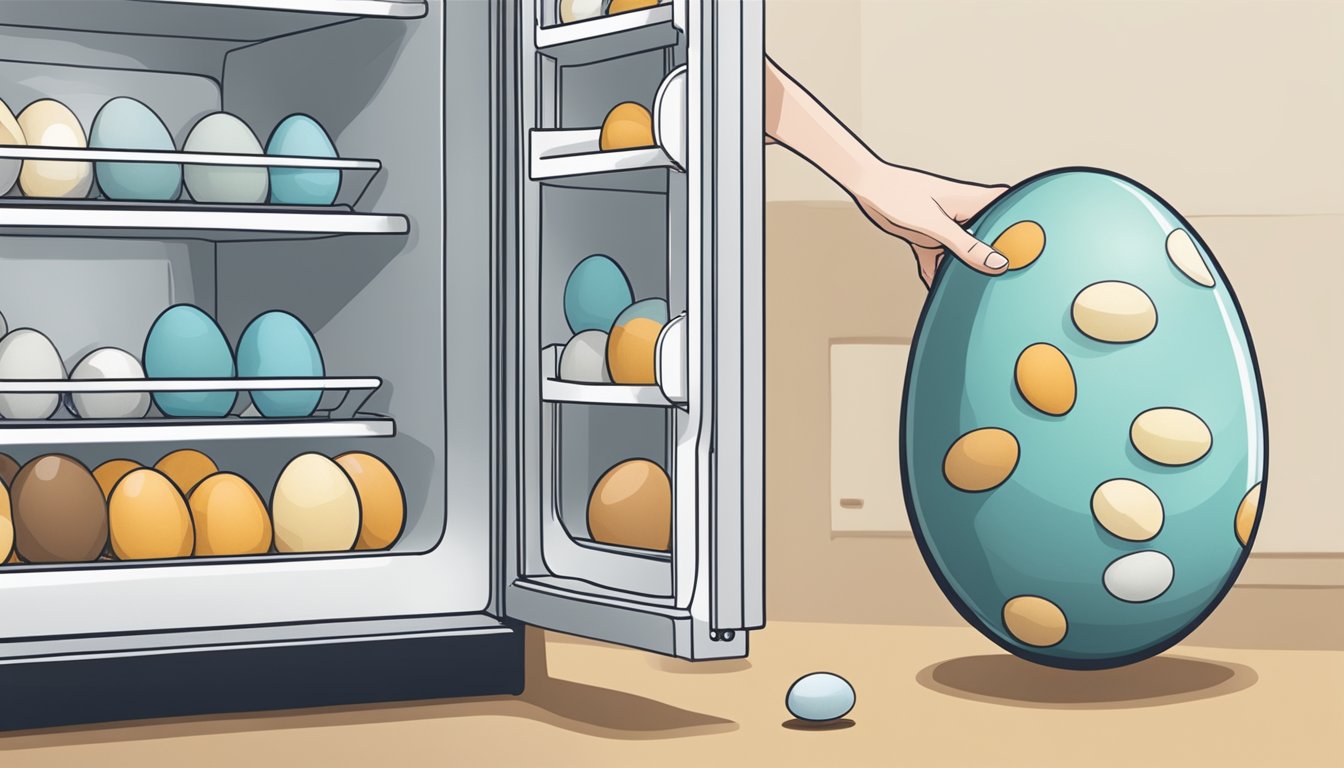 A hand placing an emu egg in a refrigerator next to other eggs