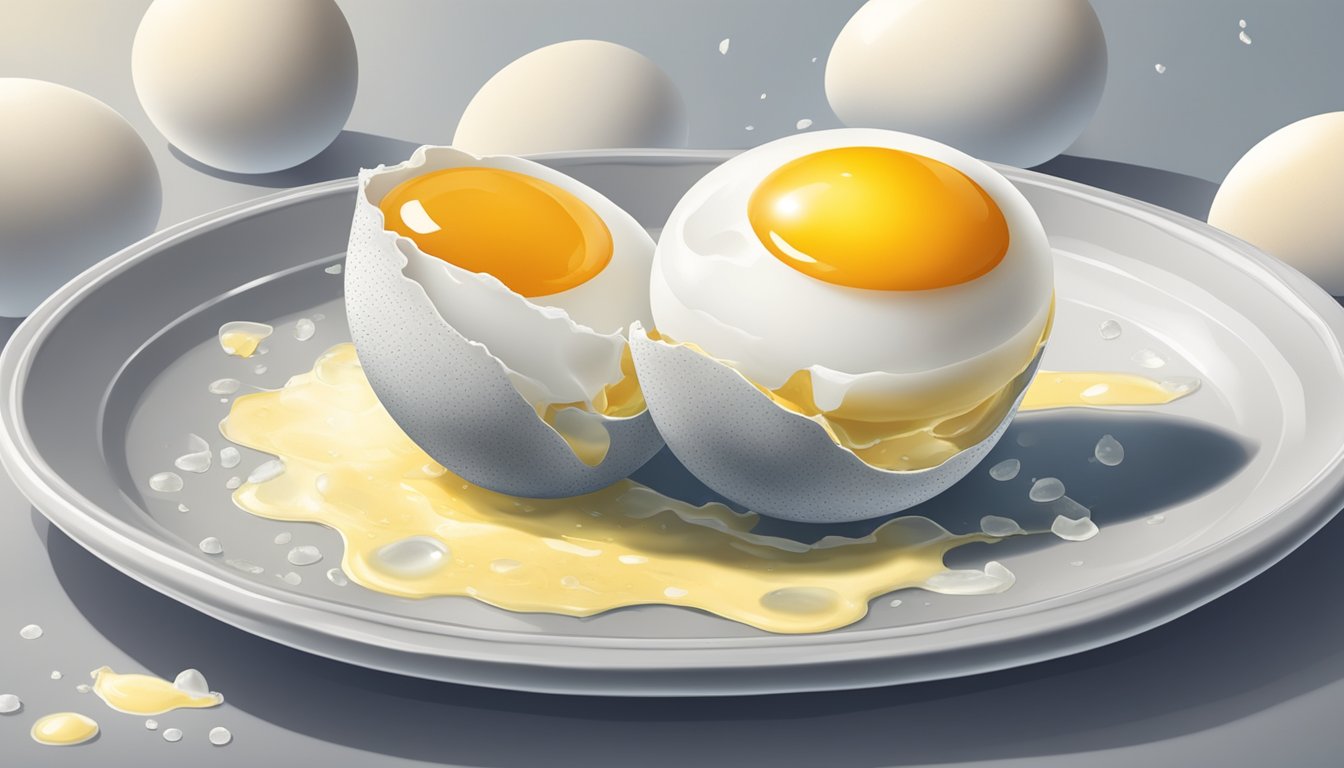 A rhea egg cracked open with runny yolk spilling out onto a plate, surrounded by uncooked egg whites and a raw, translucent membrane