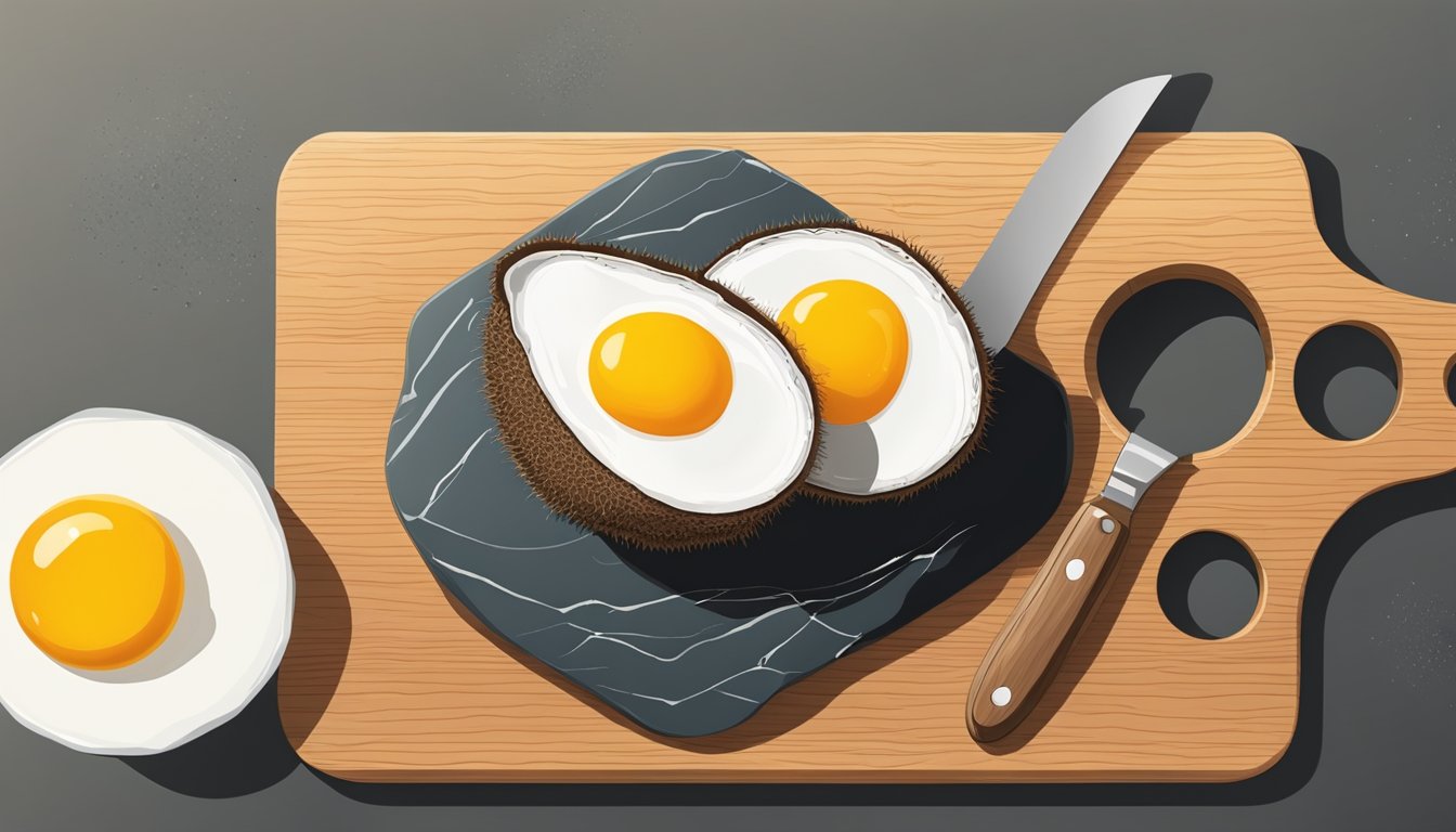 An emu egg cracked open on a cutting board, with a raw yolk and white spilling out