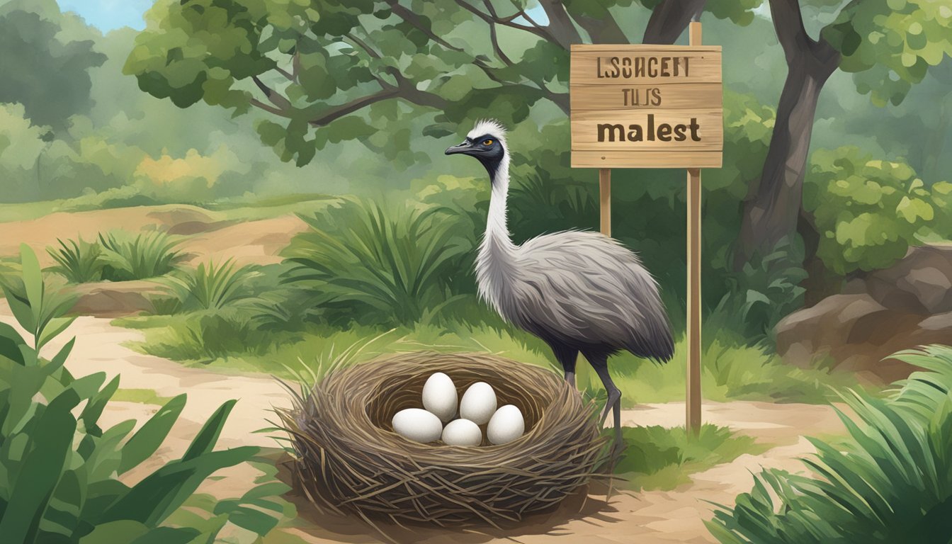 An emu nest with large eggs, surrounded by greenery and a sign for a local market