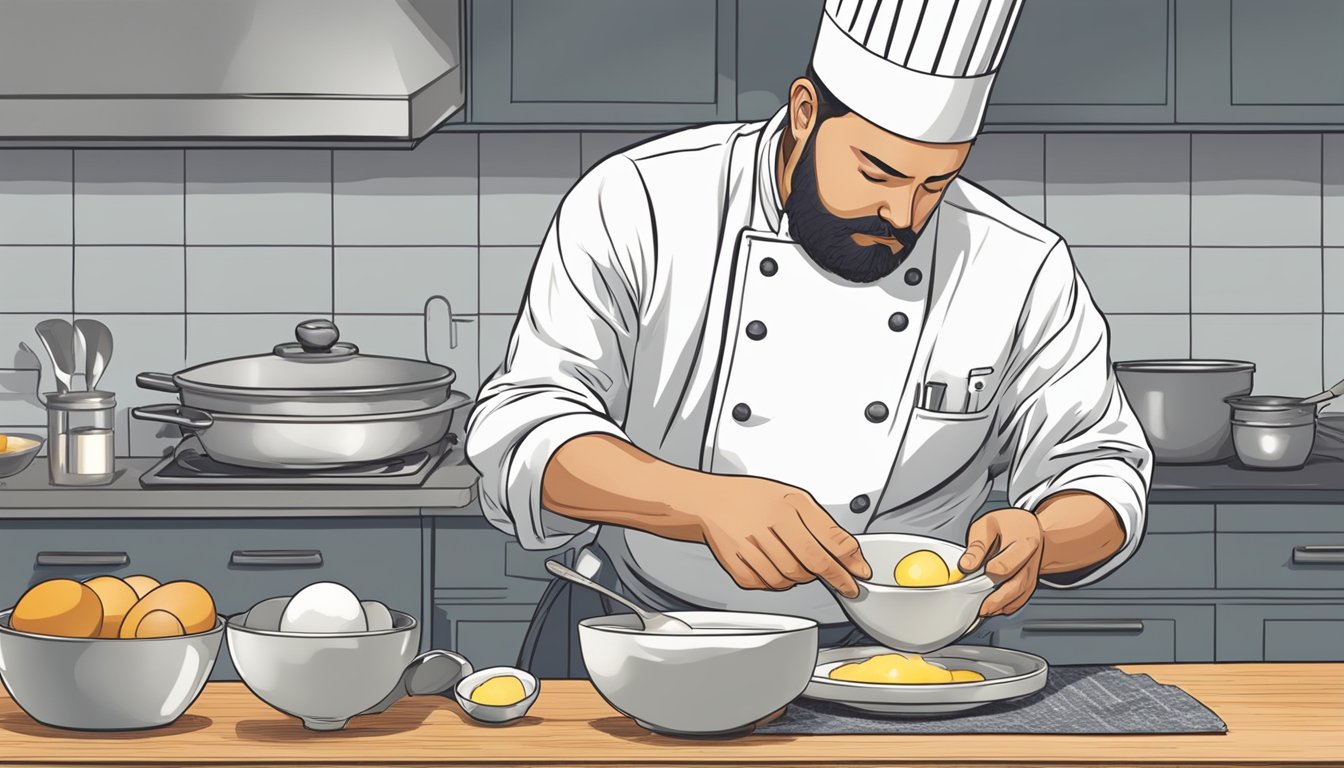 A chef carefully cracks open a rhea egg into a bowl, checking the consistency before deciding whether to cook it further