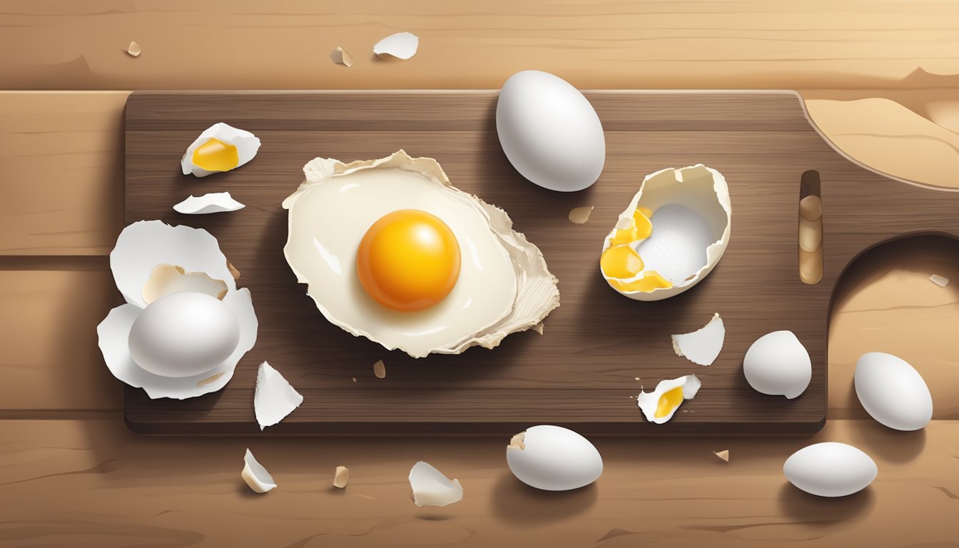 A cracked turkey egg with a partially cooked yolk sits on a cutting board, surrounded by a scattering of eggshells and a kitchen timer