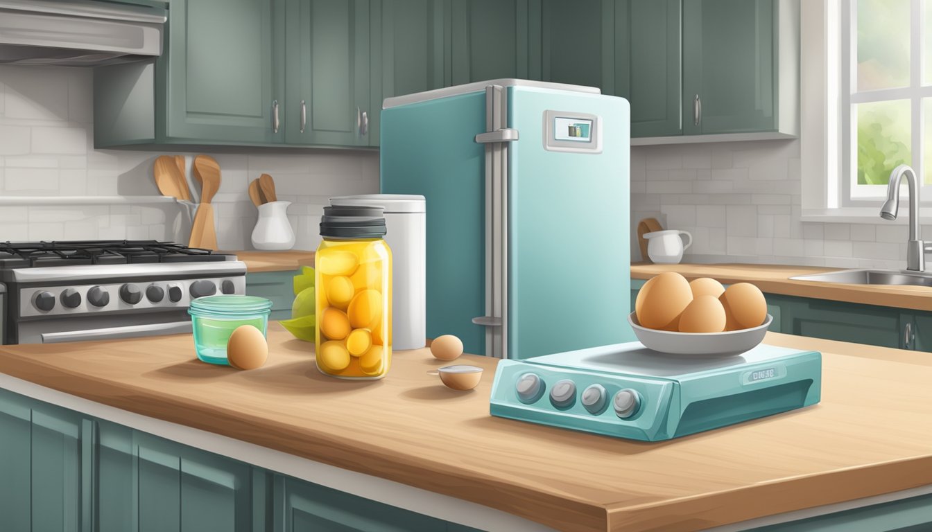 A kitchen counter with a carton of rhea eggs, a refrigerator, and a thermometer for safe storage and handling