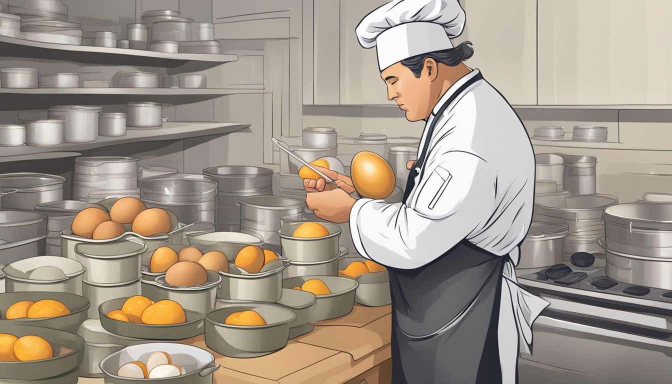 A chef checks the temperature of a turkey egg with a thermometer. Leftover containers are stacked nearby