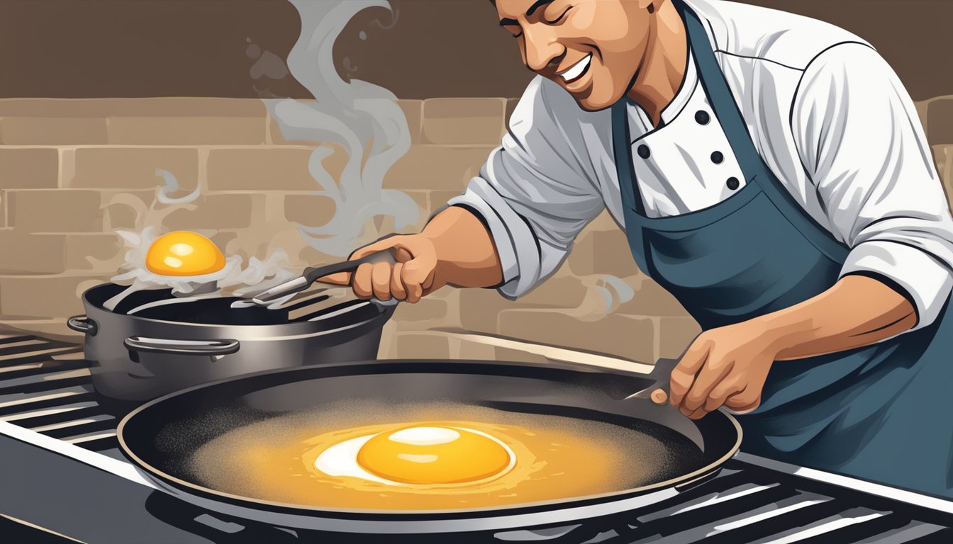 A chef cracking open a rhea egg over a sizzling skillet